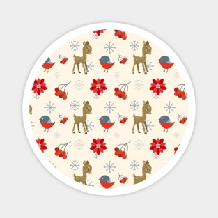 Little deer, bullfinch bird, red rowan berries and poinsettia Magnet